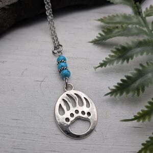 Silver Bear Paw Pendant Necklace with Turquoise Beads